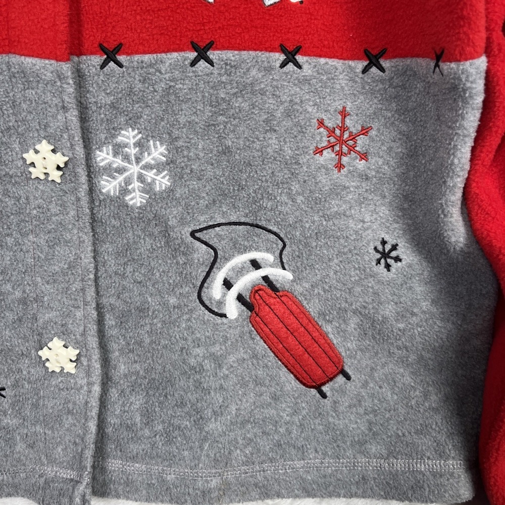 Vintage Christmas Cardigan Button Sweater L Fleece Red Gray Snowman Ski Grandma - Picture 5 of 11